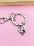 Silver Chicken Keychain, Farmer Gift with Personalized Initial