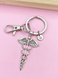 Caduceus Charm Keychain, Personalized Initial, Medical Gift