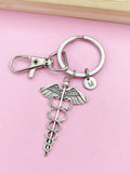 Silver Caduceus Charm Keychain Doctor Nurse Medical School Student Gift Idea, Personalized Customized Jewelry, BN2222