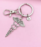 Caduceus Charm Keychain, Personalized Initial, Medical Gift