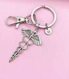 Caduceus Charm Keychain, Personalized Initial, Medical Gift
