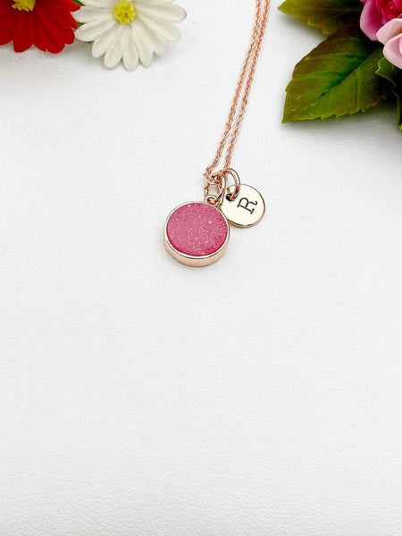 Rose Gold Pink Natural Druzy Agate Charm Necklace Gifts Ideas Personalized Customized Monogram Made to Order Jewelry, N5259