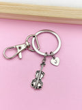Silver Violin Keychain with Initial Charm, Personalized Gift