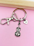Silver Violin Keychain with Initial Charm, Personalized Gift