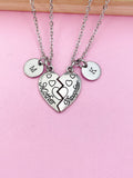 Mother Daughter Heart Necklace Set, Personalized Initial Charm