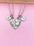 Mother Daughter Heart Necklace Set, Personalized Initial Charm