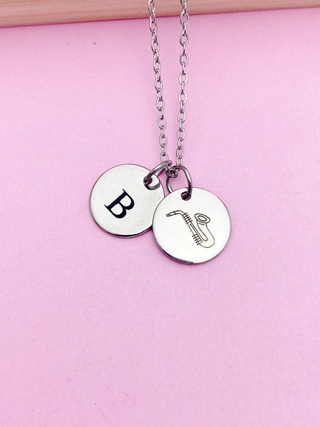 Silver Saxophone Charm Necklace Music Instrument School Marching Band Gifts Idea Personalized Customized Made to Order, D429