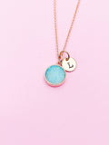 Rose Gold Blue Natural Druzy Agate Charm Necklace Gift Ideas Personalized Customized Monogram Made to Order Jewelry, AN5259