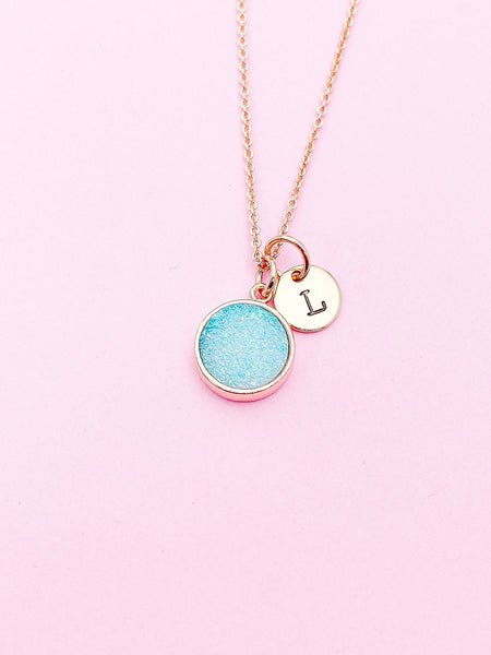 Rose Gold Blue Natural Druzy Agate Charm Necklace Gift Ideas Personalized Customized Monogram Made to Order Jewelry, AN5259