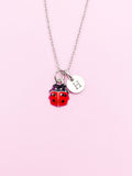 Red Ladybug Charm Necklace, Initial Stainless Steel, Gift Ideas