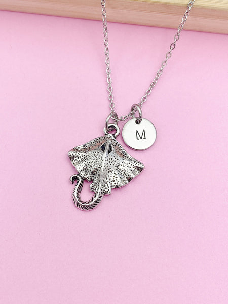 Silver Stingray Ocean Fish Charm Necklace Gift Ideas, Personalized Customized Monogram Made to Order Jewelry, N5461