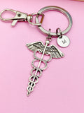 Silver Caduceus Medical Charm Keychain Gifts Idea Personalized Customized Monogram Made to Order Jewelry, AN2222
