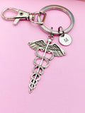 Silver Caduceus Medical Charm Keychain Gifts Idea Personalized Customized Monogram Made to Order Jewelry, AN2222