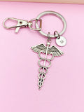 Silver Caduceus Medical Charm Keychain Gifts Idea Personalized Customized Monogram Made to Order Jewelry, AN2222