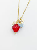 Gold Strawberry Necklace, March Natural Aquamarine Gemstone, Personalized Customized Monogram Made to Order Jewelry, 3N4983