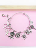 Silver Florist Charm Bracelet, Scissor, Rose, Sunflower, Initial Bangle
