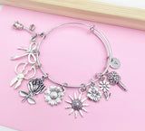 Silver Florist Charm Bracelet, Scissor, Rose, Sunflower, Initial Bangle