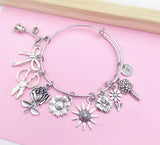 Silver Florist Charm Bracelet, Scissor, Rose, Sunflower, Initial Bangle