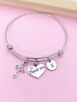 Silver Cross Thank You Heart Charm Bracelet Gifts Ideas, Personalized Customized Monogram Made to Order Jewelry, AN4189