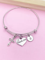 Silver Cross Thank You Heart Charm Bracelet Gifts Ideas, Personalized Customized Monogram Made to Order Jewelry, AN4189