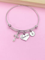 Silver Cross Thank You Heart Charm Bracelet Gifts Ideas, Personalized Customized Monogram Made to Order Jewelry, AN4189
