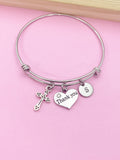 Silver Cross Thank You Heart Charm Bracelet Gifts Ideas, Personalized Customized Monogram Made to Order Jewelry, AN4189