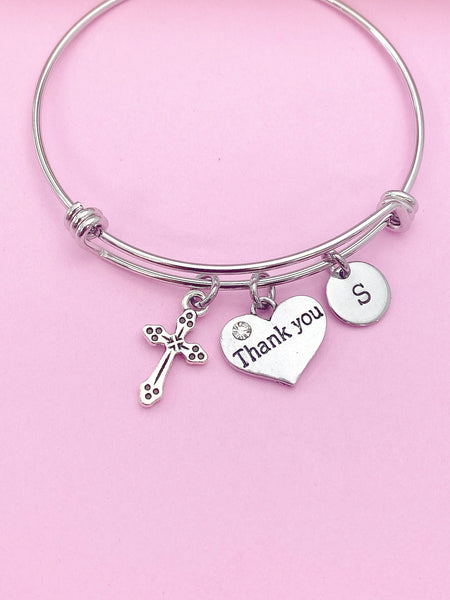 Silver Cross Thank You Heart Charm Bracelet Gifts Ideas, Personalized Customized Monogram Made to Order Jewelry, AN4189