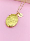 Gold Flower Locket Necklace, Best Christmas Gift for Mom, Grandmother, Great Grandma, Aunt, Keepsake Photo Frame Charm, N4873