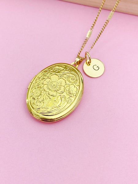 Gold Flower Locket Necklace, Best Christmas Gift for Mom, Grandmother, Great Grandma, Aunt, Keepsake Photo Frame Charm, N4873