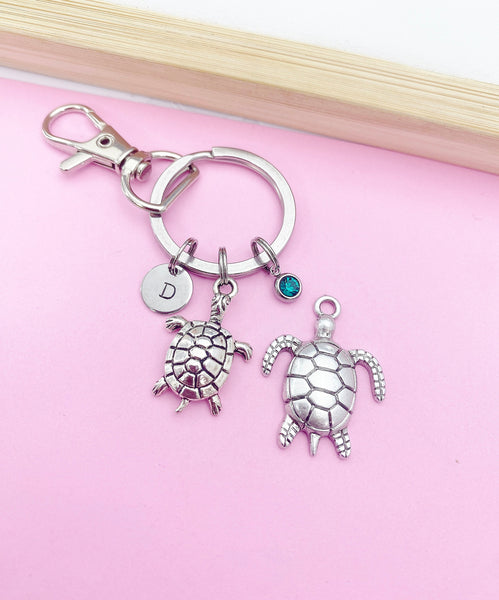 Silver Turtle or Sea Turtle Charm Keychain Everyday Gift Idea Personalized Customized Monogram Made to Order Jewelry, BN1248