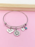 Nana Sunflower Charm Bangle Bracelet, Personalized Initial, Mother's Day Gift