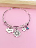 Nana Sunflower Charm Bangle Bracelet, Personalized Initial, Mother's Day Gift