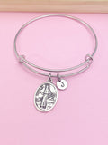 Saint Luke Charm Bangle Bracelet, Personalized Initial, Daughter Gift
