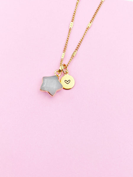 Gold Natural White Jade Star Necklace Gemstone Jewelry Birthday Gifts Ideas Personalized Customized Made to Order, AN5330