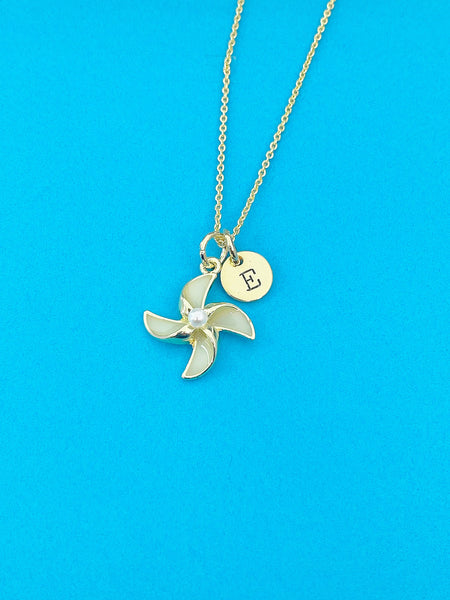 Gold Pinwheel Windmill Charm Necklace Everyday Gift Ideas, Personalized Customized Monogram Made to Order Jewelry, AN5171
