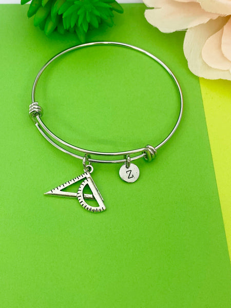 Silver Ruler Protractor Charm Bracelet Everyday Gifts Ideas, Personalized Customized Monogram Made to Order Jewelry, AN576