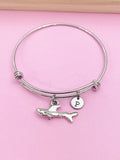 Silver Shark Charm Bangle Bracelet, Personalized Initial