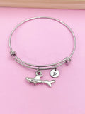 Silver Shark Charm Bangle Bracelet, Personalized Initial