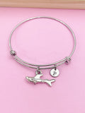 Silver Shark Charm Bangle Bracelet, Personalized Initial