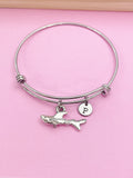 Silver Shark Charm Bangle Bracelet, Personalized Initial