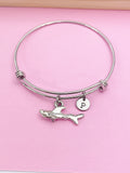 Silver Shark Charm Bangle Bracelet, Personalized Initial