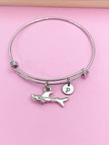 Silver Shark Charm Bangle Bracelet, Personalized Initial