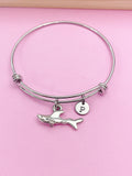 Silver Shark Charm Bangle Bracelet, Personalized Initial