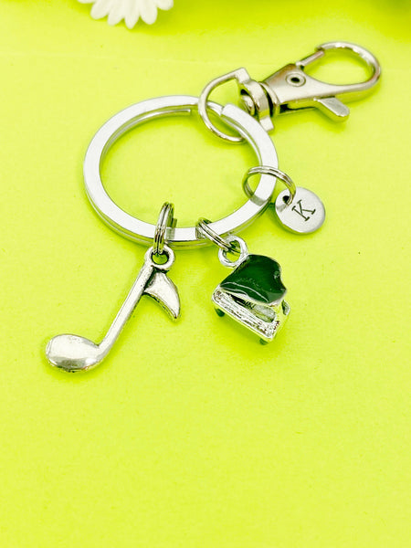 Silver Piano and Music Note Charm Keychain Everyday Gift Ideas Personalized Customized Made to Order Jewelry, CN2567