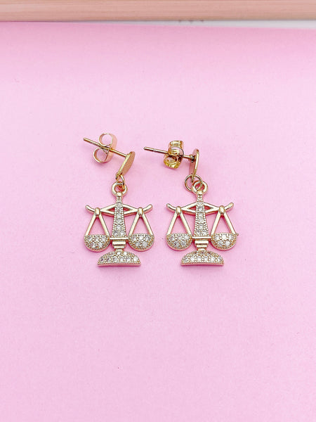 Gold Justice Scale Charm Stud Earrings Lawyer Law School Paralegal Judge Libra Gifts Idea Personalized Made to Order N4112A