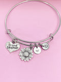 Granddaughter Sunflower Charm Bangle, Personalized Initial, Silver Tone