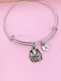 Silver Guinea Pig Charm Bangle Bracelet, Personalized Initial