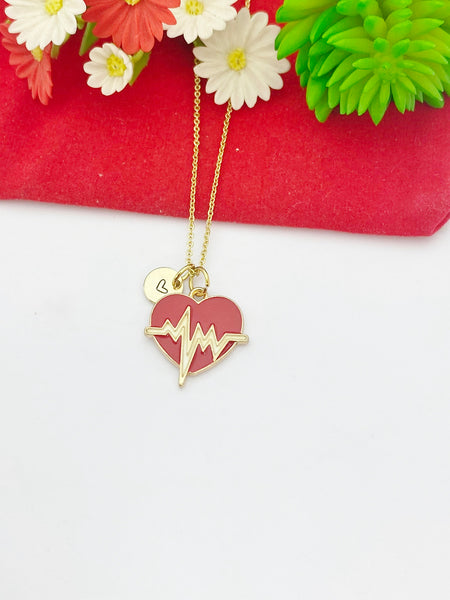 Gold Red Heart Electrocardiogram Necklace Doctor Nurse Medical School Gifts Ideas Personalized Customized Made to Order, N5495