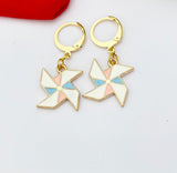 Gold Pinwheel Dangle Earrings, Enamel Windmill Charm