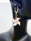 Gold Pinwheel Dangle Earrings, Enamel Windmill Charm